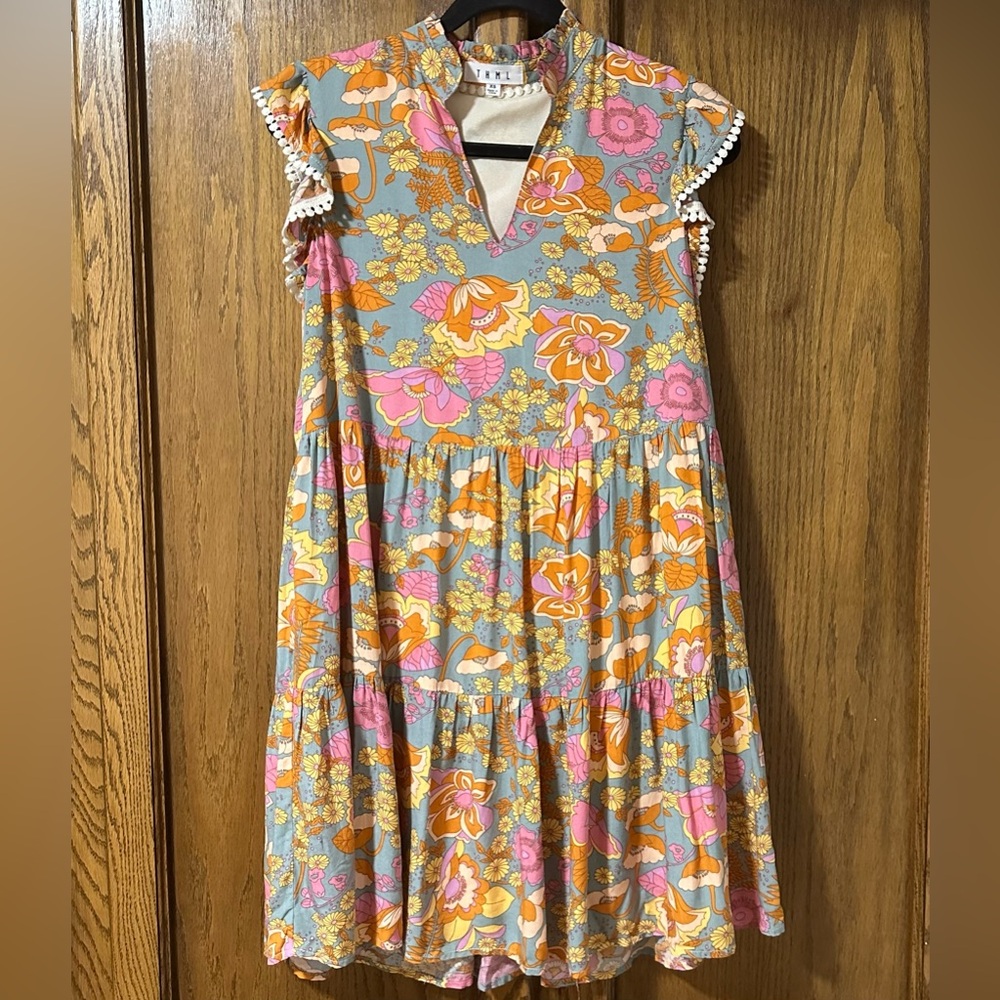 THML floral boho tiered babydoll dress flutter sleeves cottagecore Sz XS